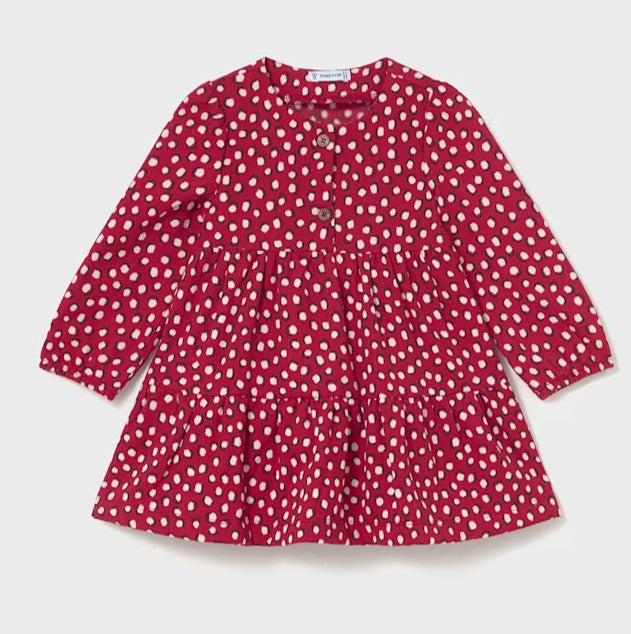 Red long sleeved dress with cream polka dots.  Mayoral 2915 girl's dress available on kidstuff.ie