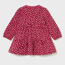 Load image into Gallery viewer, Back view of a Red long sleeved dress with cream polka dots.  Mayoral 2915 girl&#39;s dress available on kidstuff.ie
