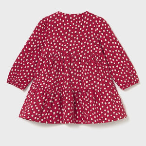Back view of a Red long sleeved dress with cream polka dots.  Mayoral 2915 girl's dress available on kidstuff.ie