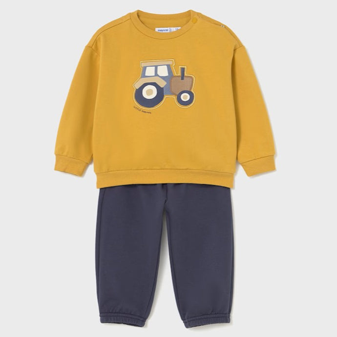 Yellow sweatshirt with tractor design   on the front  and matching navy jog bottoms. Mayoral 2838 boys tracksuit available on kidstuff.ie
