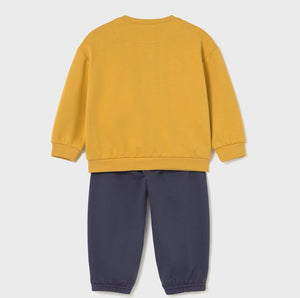 Yellow sweatshirt with tractor design   on the front  and matching navy jog bottoms. Mayoral 2838 boys tracksuit available on kidstuff.ie Back view