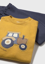 Load image into Gallery viewer, Yellow sweatshirt with tractor design   on the front  and matching navy jog bottoms. Mayoral 2838 boys tracksuit available on kidstuff.ie
