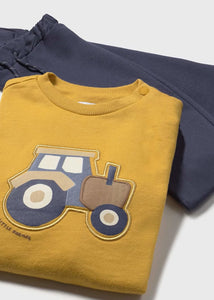 Yellow sweatshirt with tractor design   on the front  and matching navy jog bottoms. Mayoral 2838 boys tracksuit available on kidstuff.ie