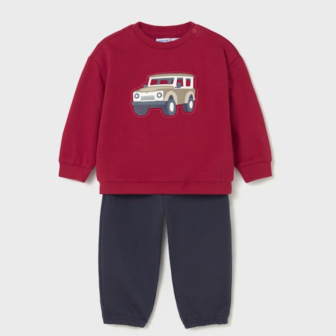 Red sweatshirt with 4x4 car design   on the front  and matching navy jog bottoms. Mayoral 2838 boys tracksuit available on kidstuff.ie