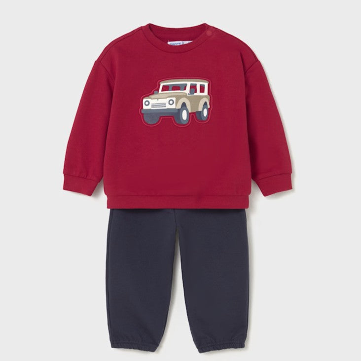 Red sweatshirt with 4x4 car design   on the front  and matching navy jog bottoms. Mayoral 2838 boys tracksuit available on kidstuff.ie