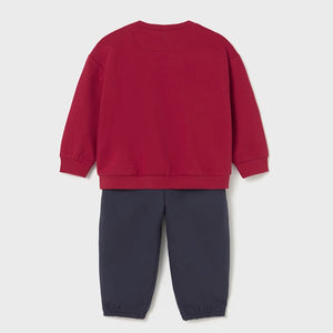 Red sweatshirt with 4x4 car design   on the front  and matching navy jog bottoms. Mayoral 2838 boys tracksuit available on kidstuff.ie Back view