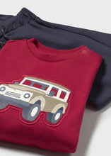 Load image into Gallery viewer, Red sweatshirt with 4x4 car design   on the front  and matching navy jog bottoms. Mayoral 2838 boys tracksuit available on kidstuff.ie
