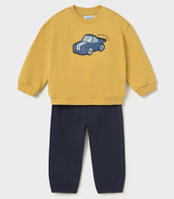 Load image into Gallery viewer, A two-piece kids' sweatshirt and jogger set. The sweatshirt is mustard yellow with a blue cartoon sports car graphic on the chest, and the joggers are dark navy blue.
