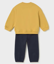 Load image into Gallery viewer, A two-piece children's sweatshirt and jogger pants set shown from the back. The sweatshirt is a mustard yellow color, and the pants are dark navy blue.
