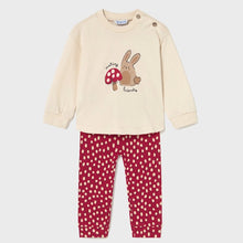 Load image into Gallery viewer, Beige sweatshirt with a rabbit and mushroom design and red polka dot pants for a child. mayoral 2745 outfit available on kidstuff.ie
