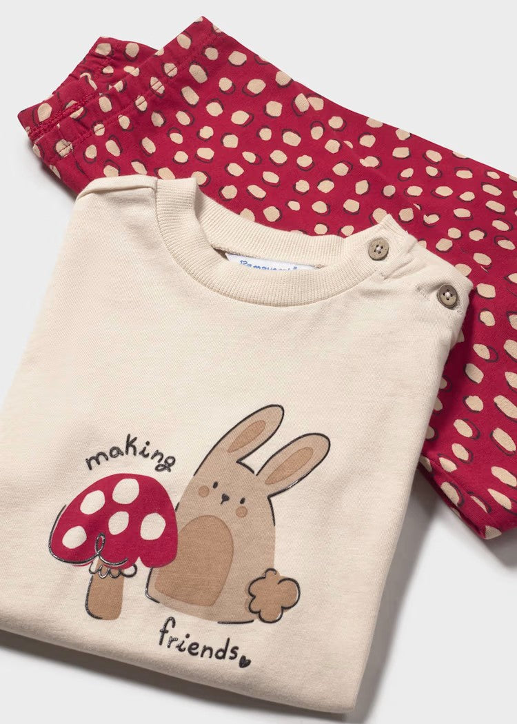 Beige sweatshirt with a rabbit and mushroom design and red polka dot pants for a child. mayoral 2745 outfit available on kidstuff.ie