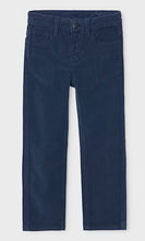 Load image into Gallery viewer, A pair of navy blue cord trousers with pockets, belt loops and zip fly
