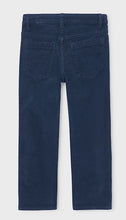 Load image into Gallery viewer, A pair of dark blue cord trousersshown from the back, featuring two back pockets and a standard waistband, 
