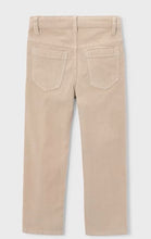 Load image into Gallery viewer, A pair of beige corduroy trousers shown from the back, featuring two back pockets and belt loops
