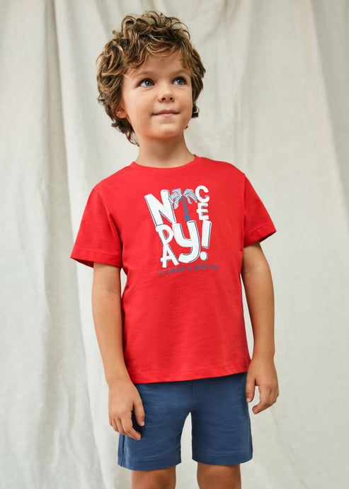 Boy's red Tee shirt and Blue shorts. Mayoral 3608 3 piece set with 2 tops and one pair of shorts available on kidstuff.ie