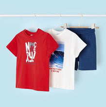 Load image into Gallery viewer, Boy&#39;s red Tee shirt, boys surfer tee shirt and Blue shorts. Mayoral 3608 3 piece set with 2 tops and one pair of shorts available on kidstuff.ie

