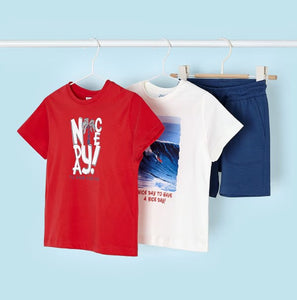 Boy's red Tee shirt, boys surfer tee shirt and Blue shorts. Mayoral 3608 3 piece set with 2 tops and one pair of shorts available on kidstuff.ie