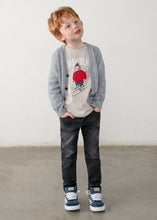 Load image into Gallery viewer, boy wearing cardigan, top and boy's slim fit jeans in black stretch denim
