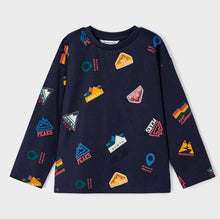 Load image into Gallery viewer, Boys navy blue long sleeved top wit colourful print. Mayoral 4029 boys top in Better Cotton available on kidstuff.ie
