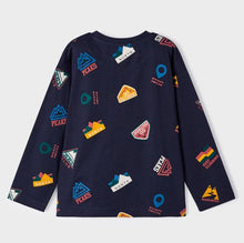 Load image into Gallery viewer, Boys navy blue long sleeved top wit colourful print. Mayoral 4029 boys top in Better Cotton available on kidstuff.ie Back view
