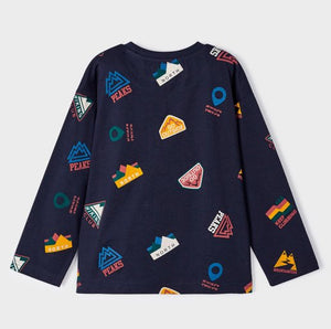Boys navy blue long sleeved top wit colourful print. Mayoral 4029 boys top in Better Cotton available on kidstuff.ie Back view