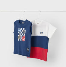 Load image into Gallery viewer, Two boys tops. Colour block tee shirt in cream blue and red with sleeveless tee in blue .Emoji print tee shirts. Mayoral 3030 boys top set available to buy on kidstuff.ie
