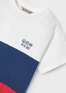 Two boys tops. Colour block tee shirt in cream blue and red with sleeveless tee in blue .Emoji print tee shirts. Mayoral 3030 boys top set available to buy on kidstuff.ie Tee shirt detail