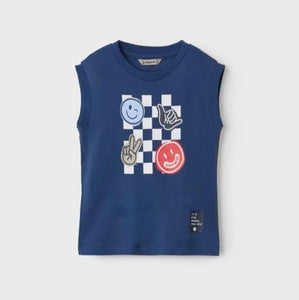 Two boys tops. Colour block tee shirt in cream blue and red with sleeveless tee in blue .Emoji print tee shirts. Mayoral 3030 boys top set available to buy on kidstuff.ie Sleeveless top detail