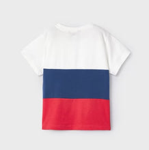 Load image into Gallery viewer, Two boys tops. Colour block tee shirt in cream blue and red with sleeveless tee in blue .Emoji print tee shirts. Mayoral 3030 boys top set available to buy on kidstuff.ie Tee shirt back view
