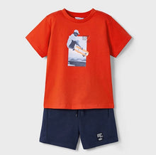 Load image into Gallery viewer, Red tee shirt with skateboard motif and navy shorts. mayoral 3607 cotton  jersey set available on kidstuff.ie
