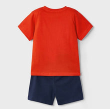 Load image into Gallery viewer, Red tee shirt with skateboard motif and navy shorts. mayoral 3607 cotton  jersey set available on kidstuff.ie
