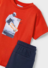 Load image into Gallery viewer, Red tee shirt with skateboard motif and navy shorts. mayoral 3607 cotton  jersey set available on kidstuff.ie
