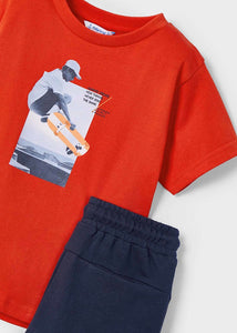 Red tee shirt with skateboard motif and navy shorts. mayoral 3607 cotton  jersey set available on kidstuff.ie