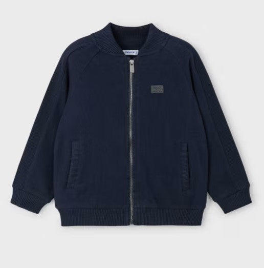 Boy's navy zipped cardigan. Mayoral 4475 navy  knit bomber jacket available on kidstuff.ie