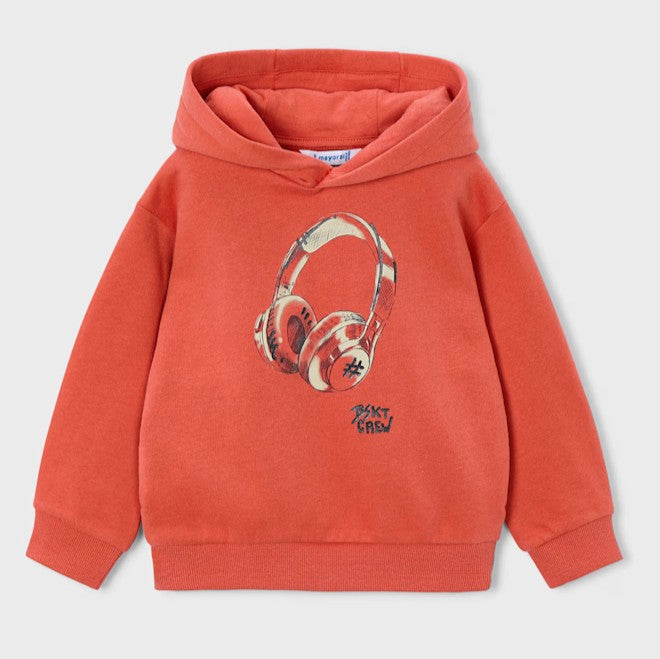 Boys hooded sweatshirt in orange with headphone print on the front. Mayoral 4407 in orange available on kidstuff.ie
