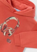 Load image into Gallery viewer, Boys hooded sweatshirt in orange with headphone print on the front. Mayoral 4407 in orange available on kidstuff.ie
