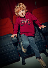 Load image into Gallery viewer,  Child wearing a boys Red hoody sweatshirt with motorbike print on the front. Mayoral 4407 in red available on kidstuff.ie

