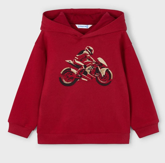 Boys Red hoody sweatshirt with motorbike print on the front. Mayoral 4407 in red available on kidstuff.ie