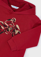 Load image into Gallery viewer, Boys Red hoody sweatshirt with motorbike print on the front. Mayoral 4407 in red available on kidstuff.ie
