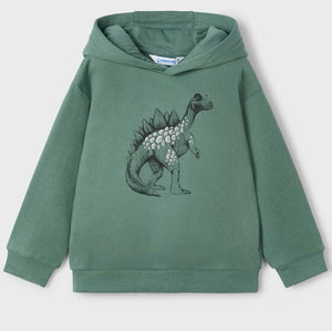 Boys green sweatshirt with dinosaur print on the front. Hooded sweatshirt for a boy. Mayoral 4407 in green available on kidstuff.ie