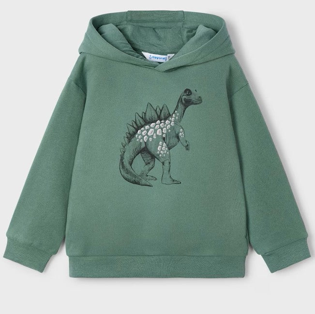 Boys green sweatshirt with dinosaur print on the front. Hooded sweatshirt for a boy. Mayoral 4407 in green available on kidstuff.ie