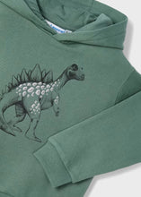 Load image into Gallery viewer, Boys green sweatshirt with dinosaur print on the front. Hooded sweatshirt for a boy. Mayoral 4407 in green available on kidstuff.ie
