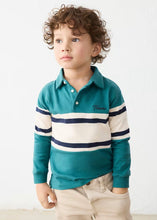 Load image into Gallery viewer, Child wearing a teal, cream and white striped shirt with a polo collar
