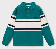 Load image into Gallery viewer, A long-sleeve polo shirt in teal green with horizontal cream and navy stripes across the chest and sleeves, featuring a two-button placket and 'Team' embroidered on the chest.
