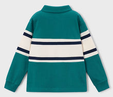 Load image into Gallery viewer,  a  long-sleeve knit polo-style top shown from the back, featuring a teal body with wide cream horizontal stripes across the upper back and sleeves, plus thin navy stripes within those cream bands.
