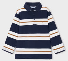 Load image into Gallery viewer, A long-sleeve polo shirt with horizontal navy blue, white, and brown stripes, featuring a navy collar and a three-button placket.

