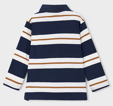 Load image into Gallery viewer, A long-sleeve polo shirt with horizontal stripes in navy blue, white, and brown, shown from the back 
