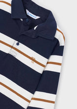 Load image into Gallery viewer, Close-up of a striped polo shirt in navy blue, white, and brown, showing the collar, button placket, and a small embroidered logo on the chest.
