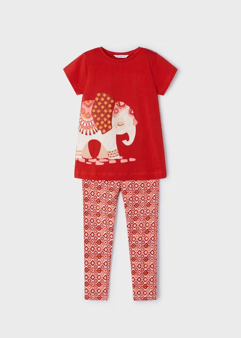 girl's red tee shirt with elephant print and matching printed leggings. Girl's red top and print leggings available to buy on kidstuff.ie Mayoral 3711 girl's  top and leggings.