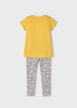 Load image into Gallery viewer, girl&#39;s honey yellow tee shirt with daisy motif and matching printed leggings. Girl&#39;s yellow top and print leggings available to buy on kidstuff.ie Mayoral 3711 girl&#39;s top and leggings. Back view
